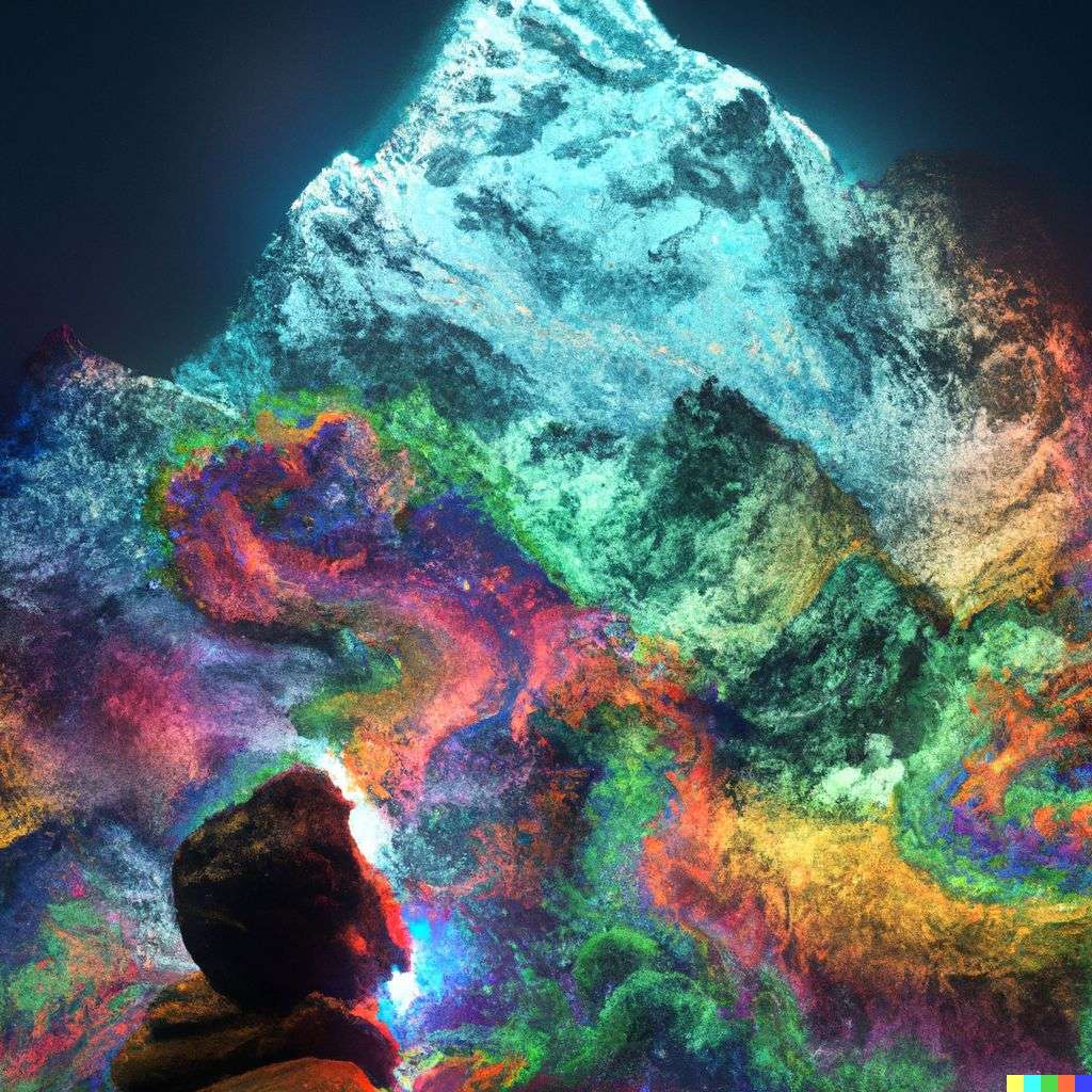 someone gazing at Mount Everest made of very detailed curling wispy glowing multicolored smoke, digital art, volumetric, 3D render, Octane render